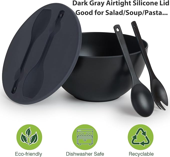 10" Large Salad Bowl with Sealing Lid & Serving Utensils,135Oz, Black Big Bamboo Fiber Salad Serving Bowl with Servers for Mixing/Serving (Silicone Dark Grey Lid)