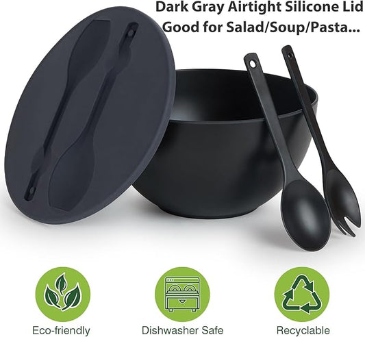 10" Large Salad Bowl with Sealing Lid & Serving Utensils,135Oz, Black Big Bamboo Fiber Salad Serving Bowl with Servers for Mixing/Serving (Silicone Dark Grey Lid)