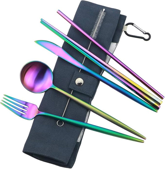 Reusable Travel Utensils, 7 Piece Portable 304 Stainless Steel including Knife Fork Spoon Chopsticks Cleaning Brush Straws Portable Pouch, Eco-friendly Camping Silverware Set, Dishwasher Safe