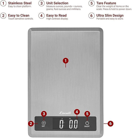 Escali T115S Ultra Thin Kitchen, Office, Herb Scale, Tare Functionality, LCD Digital Display, 11lb Capacity, Silver