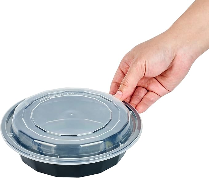 Restaurantware Asporto 24 Ounce To Go Boxes 100 Microwavable Take Out Food Containers - Clear Plastic Lids Included Do Not Contain BPA Black Plastic Catering Food Containers Disposable Round