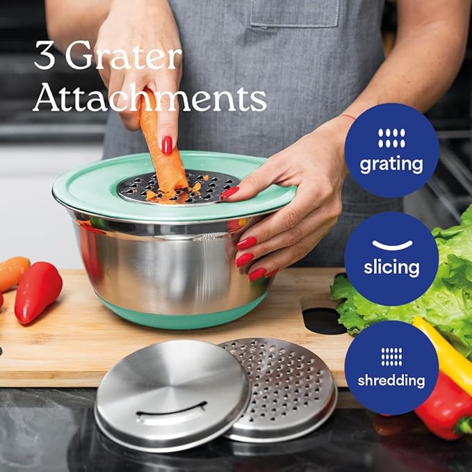 WHYSKO® Stainless Steel Mixing Bowls With Lids Plus Stainless Steel Whisk, Potato Masher and Grater Lids, 5 Nesting Mixing Bowls And Kitchen Tools for Meal Prep, Cooking, Baking, Serving, Food Storage