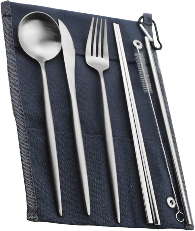 Reusable Travel Utensils, 7 Pieces Portable 18/10 Stainless Steel include Knife Fork Spoon Chopsticks Cleaning Brush Straws Portable Pouch, Eco-friendly Camping Silverware Set, Dishwasher Safe