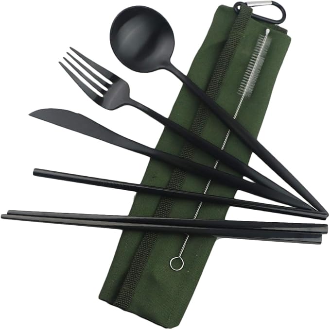Reusable Travel Utensils, 7 Piece Portable 304 Stainless Steel including Knife Fork Spoon Chopsticks Cleaning Brush Straws Portable Pouch, Eco-friendly Camping Silverware Set, Dishwasher Safe