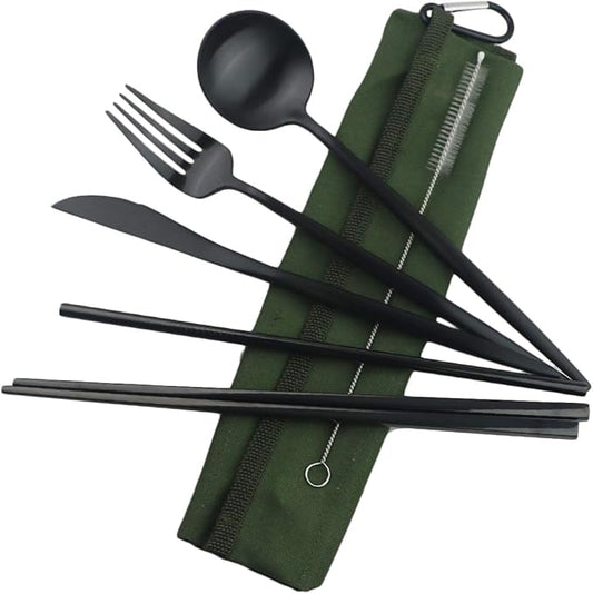 Reusable Travel Utensils, 7 Piece Portable 304 Stainless Steel including Knife Fork Spoon Chopsticks Cleaning Brush Straws Portable Pouch, Eco-friendly Camping Silverware Set, Dishwasher Safe