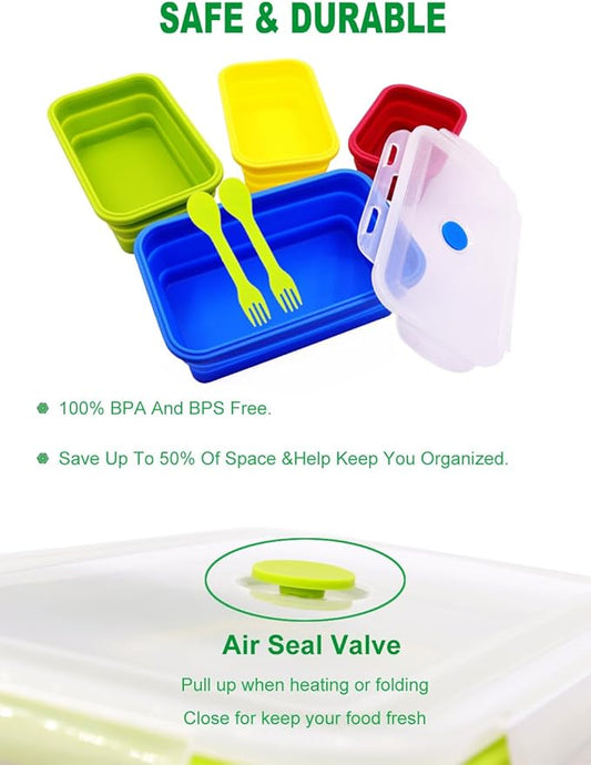 Set of 4 Collapsible Silicone Food Storage Containers With Lids,Leftover Meal Box For Kitchen, Microwave,Dishwasher and Freezer Safe, Foldable Bento Lunch Boxes, BPA Free