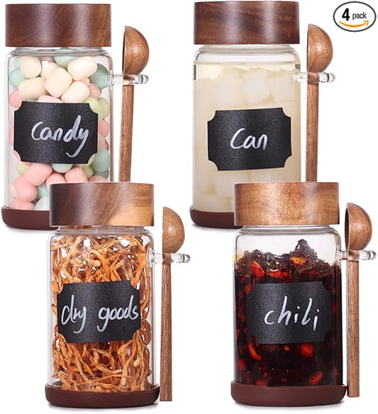 SAIOOL High Bprosilicate Glass 4 Pack Spice Jars with Label and Spoons,Overnight Oats Containers with Acacia Airtight Lids,Glass Food Storage Jars, Coffee Bar (Acacia 8 OZ*4)