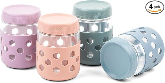 4-Pack Overnight Oats Containers with Lids and Protective Silicone Sleeve, 16 oz Glass Chia Pudding Jars with Airtight Lid, Mason Salad Meal Prep Jars for Yogurt Oatmeal