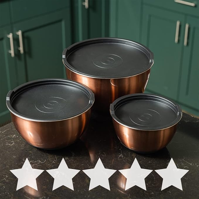 Samma Copper Mixing Bowl Set - Stainless Steel Body with Black Silicone Bottom - 3 Piece Set with Lids