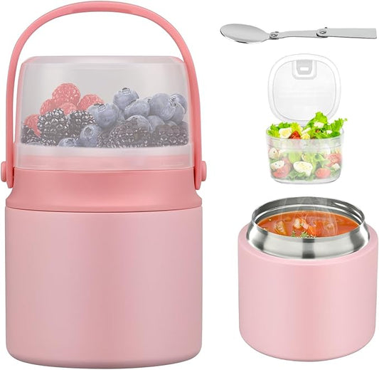 2-In-1 Soup Thermo for Hot Food Kids, 15 Oz Insulated Food Container and a Snack Box, Wide Mouth, Leak Proof, Stainless Steel Spoon, Dishwasher Safe Food Thermo Set for School, Work, Travel, Pink