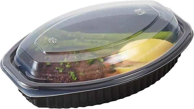 RW Base 16 Ounce Meal Prep Containers, 100 Microwavable To Go Containers With Lids - Disposable, Freezable, Black Plastic Oval Food Containers, Pack Hot And Cold Food, For Takeaway - Restaurantware