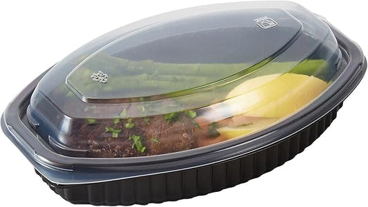 RW Base 16 Ounce Meal Prep Containers, 50 Microwavable To Go Containers With Lids - Disposable, Freezable, Black Plastic Oval Food Containers, Pack Hot And Cold Food, For Takeaway - Restaurantware