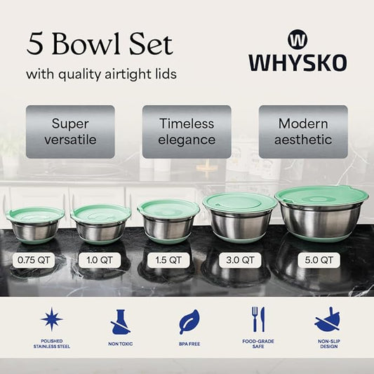 WHYSKO® Stainless Steel Mixing Bowls With Lids Plus Stainless Steel Whisk, Potato Masher and Grater Lids, 5 Nesting Mixing Bowls And Kitchen Tools for Meal Prep, Cooking, Baking, Serving, Food Storage