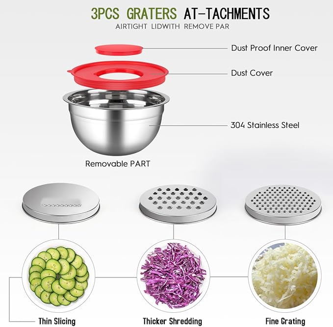 Mixing Bowls With Lids Set,Stainless Steel Mixing Bowls Set With 3 Grater,Metal Nesting Bowls For Kitchen Baking Refrigerator Meal Prep Food Organizer,7 Size(Multicolor)