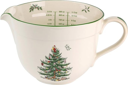 Spode Christmas Tree Batter Jug - 2 Quart Mixing Batter Bowl with Handle and Precision Pour Spout, Fine Earthenware Holiday Baking Tool - Festive Bakeware for Christmas, Dishwasher & Microwave Safe