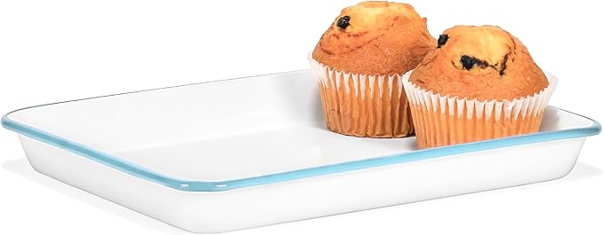 Red Co. 11" x 9" Enamelware Metal Classic 2 Quart Rectangular Serving Tray, Solid White/Teal Rim