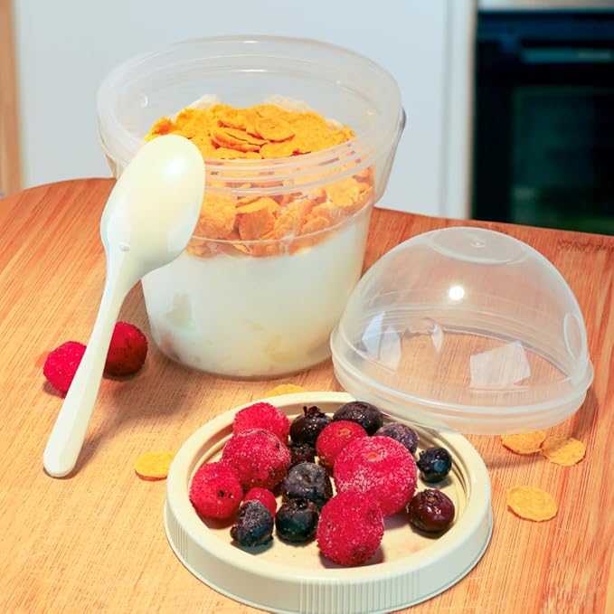 4 Pack 17 oz Small Breakfast On The Go Yogurt Parfait Cups, Reusable Plastic Containers with Lids and Spoons, Perfect Jars for Overnight Oats Cereal Granola Oatmeal (4 Colors - Set 2)