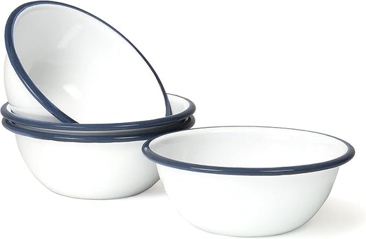 Red Co. Set of 4 Enamelware Metal Classic 20 oz Round Cereal Bowl, Solid White/Navy Blue Rim