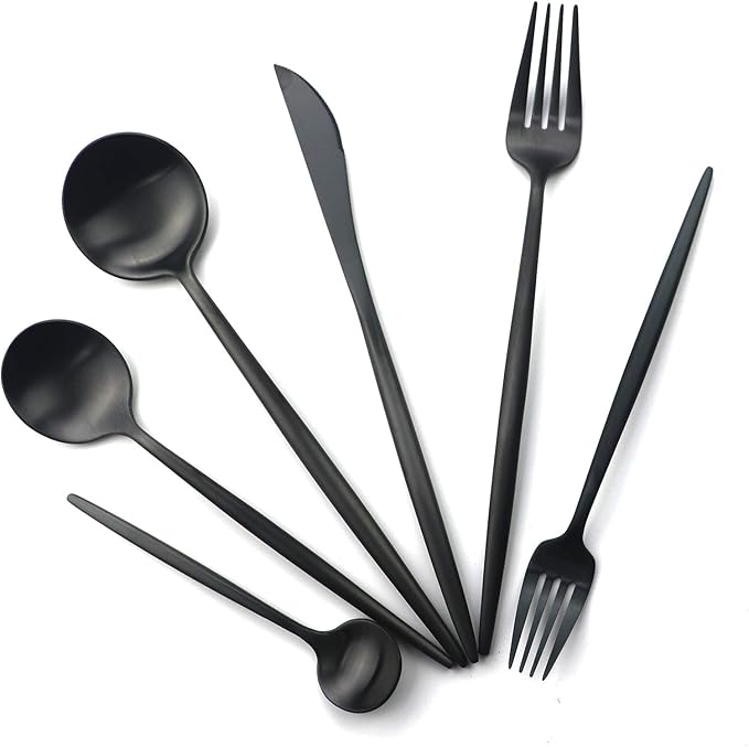 24-Piece Matte Black Handle 18/10 Stainless Steel Silverware Set, Titanium Black Cutlery, Flatware Set for Home & Restaurant, Dishwasher Safe