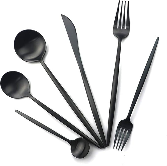 24-Piece Matte Black Handle 18/10 Stainless Steel Silverware Set, Titanium Black Cutlery, Flatware Set for Home & Restaurant, Dishwasher Safe
