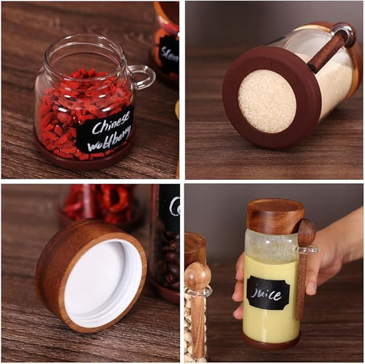 SAIOOL High Bprosilicate Glass 4 Pack Spice Jars with Label and Spoons,Overnight Oats Containers with Acacia Airtight Lids,Glass Food Storage Jars, Coffee Bar (Acacia 11.5 OZ*4)