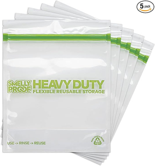 Smelly Proof HEAVY DUTY Reusable STAND-UP Ziplock Bags for Food Storage, USA Made, NO PEVA & BPA FREE, Reusable Freezer Bags, Dishwasher-Safe, Triple Zip, CLEAR 5-mils LRG Quart 8.5" x 10" - 5pk