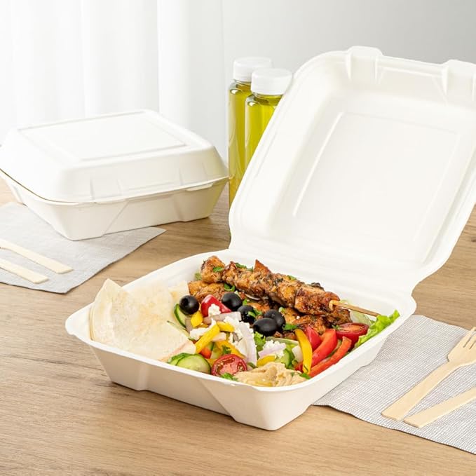 Restaurantware Pulp Safe No PFAS Added 32 Ounce Clamshell Boxes 100 Disposable Containers - Home Compostable Microwavable And Freezable White Bagasse Containers Built-In Hinged Lid And Tab Lock