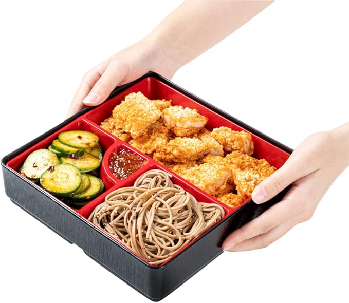 Restaurantware-8.3 x 2.2 Inch Compartment Lunch Container, 1 Japanese Style Adult Lunch Container - With 4 Compartments, Greaseproof, Black & Red Plastic Divided Lunch Box, For Hot & Cold Food