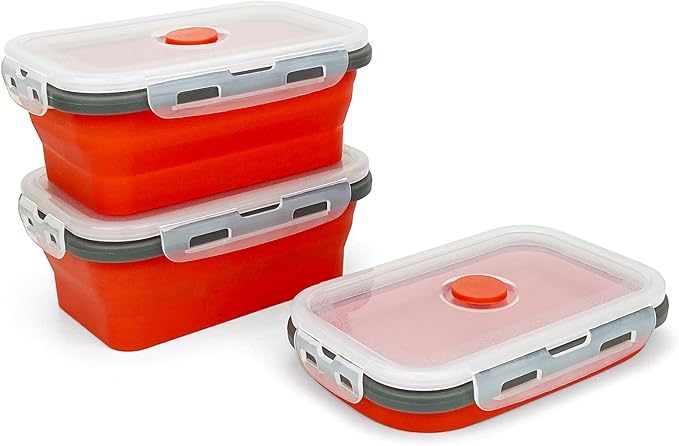 CARTINTS Set of 3 Collapsible Food Storage Containers with Lids, Collapsible Silicone Bowls, Silicone Lunch Containers, For Meal Prep, Camping, Travel, Microwave and Freezer Safe,500ml,Red