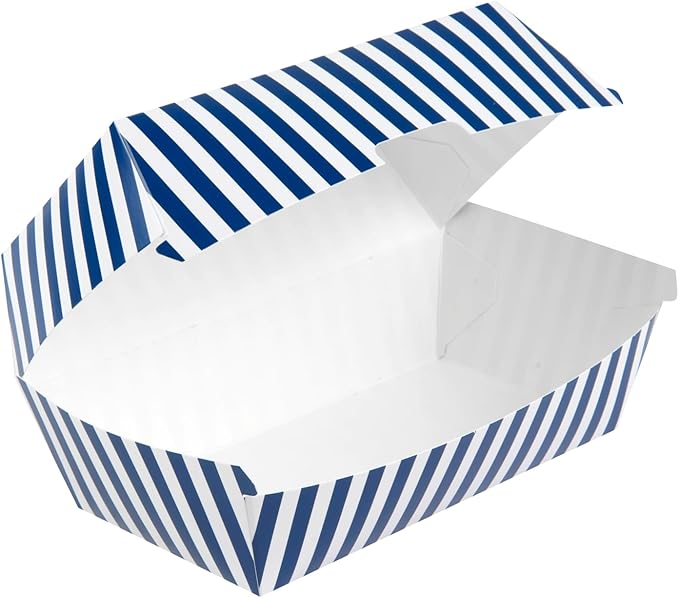 Restaurantware Bio Tek 6.7 x 3.5 x 3.5 Inch Clamshell Food Containers 100 Disposable Sandwich Containers - Hinged Lid Tab-Lock Closure Blue And White Paper Hot Dog Containers Greaseproof