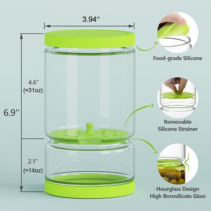 Glass Pickle Jar with Strainer for Pickle Lover - 45 Oz Leakproof and Airtight Juice Separator for Olive, Gherkin, Chilli, BPA Free, Dishwasher and Refrigerator Safe (Green&Blue, 45oz*2pcs)