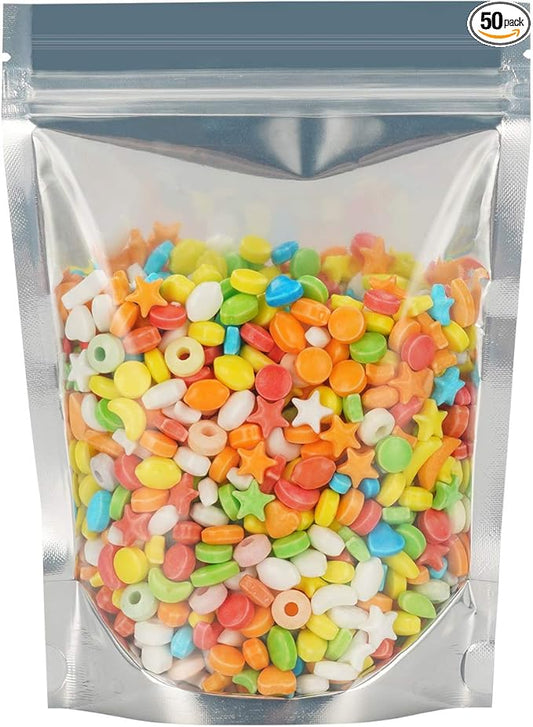Vasdoo Reusable Aluminum Foil Stand Up Food Pouches Bags, Resealable Ziplock Mylar Bags for Food Storage (50 pcs, 6.7x9.5 inch)