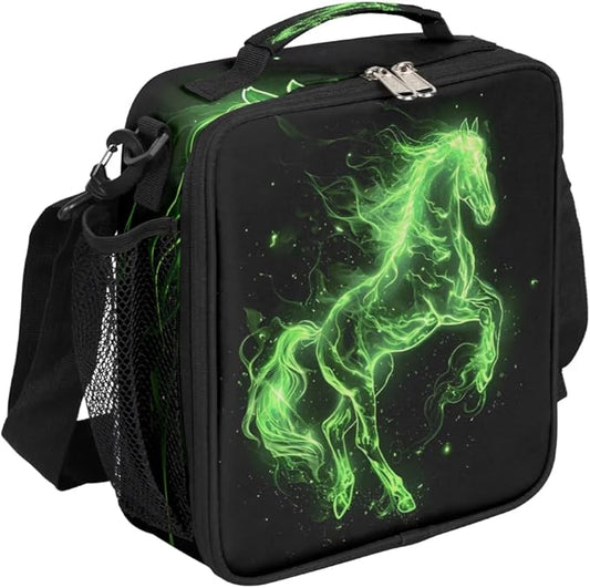 Lunch Box for Kids Boys Girls Green Fire Horse Kids Lunch Bag Insulated Lunch Bag Tote with Adjustable Shoulder Strap Teens Lunchbox Cooler School Picnic