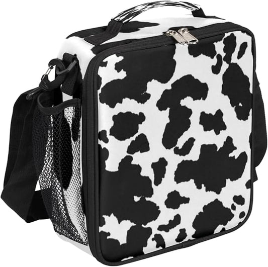 Cow Print Kids Lunch Box Black White Cow Insulated Lunch Bag Tote for Girls Boys Cooler Freezable Meal Prep Bag with Shoulder Strap Waterproof Lunch Container for School Office Picnic