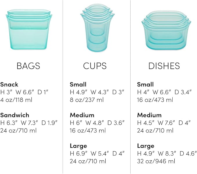 Zip Top Reusable Food Storage Bags | Full Set of 8 [Frost] | Silicone Meal Prep Container | Microwave, Dishwasher and Freezer Safe | Made in the USA