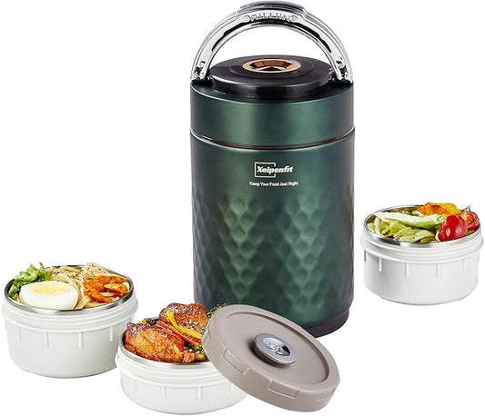 67 ozAdults Stainless Steel Vacuum Insulated Wide Mouth Soup Food Thermos Hot Food Jar with Keep Thermal Portable 3 Tier Stackable Bento Hot Food Containers Lunch Boxes (Green)