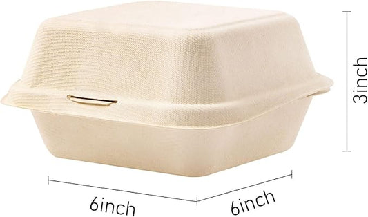 Clamshell Take Out Food Containers,100 Pcs Compostable To Go Boxes, 6 x 6 inch Sugarcane Fiber Containers for Salad Cake Sandwiches,Heavy-Duty Disposable Lunch Box,Microwave-Safe