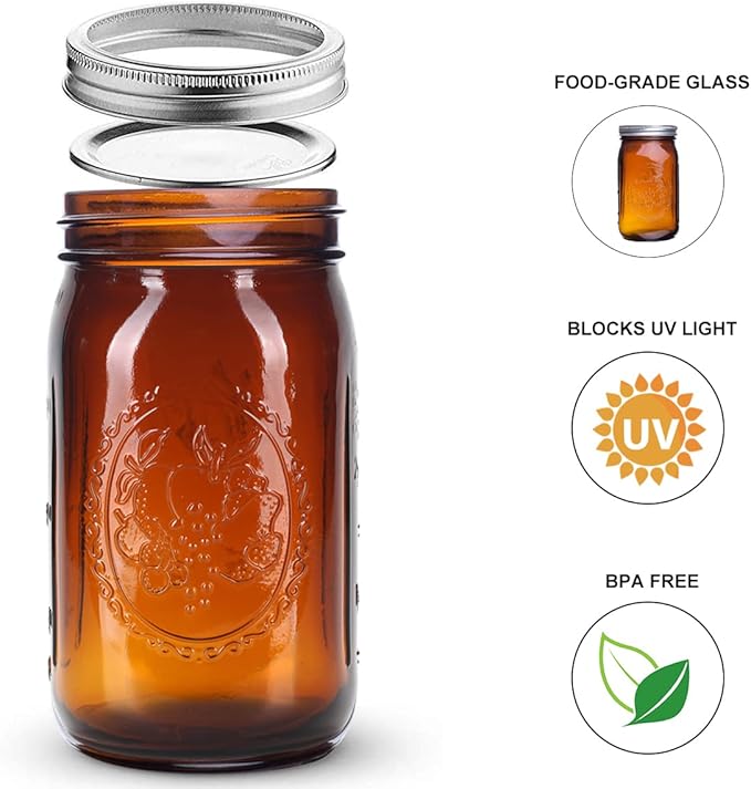 eleganttime Amber Glass Mason Jars 32 oz Wide Mouth 6 Pack,Amber Quart Canning Jars with Airtight Lids and Bands for for Canning, Freezing, Fermenting,Preserving, Beverages & Jar Decor