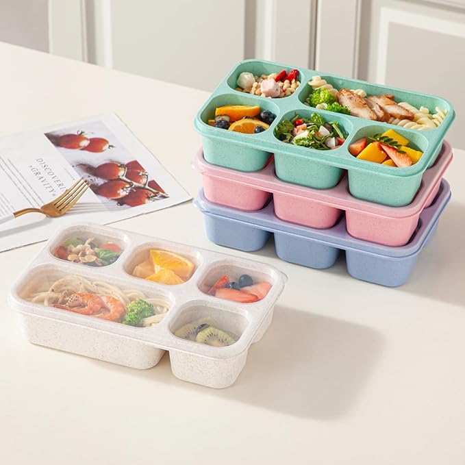 4 Pack Adult Lunch Box Snack Box for Kids, 5 Compartment Meal Prep Containers Reusable Portion Control Containers Wheat Straw Lunch Box Food Storage Containers for School, Work, Travel
