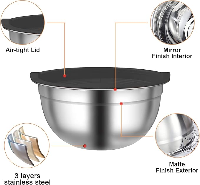 Menbyci 6 Pcs Mixing Bowls with Lids,Stainless Steel Mixing Bowls with 3 Grater Attachments,Kitchen Utensils,Mixing Bowl Set for Kitchen Mixing Baking Prepping Cooking Serving,Black