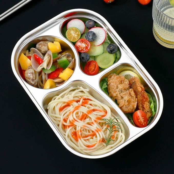 2 Pack Stainless Steel Rectangular Divided Plates Tray,4 Sections Dinner Plates for Adults,Picky Eaters,Campers,Diet Food Portion Control lunch tray