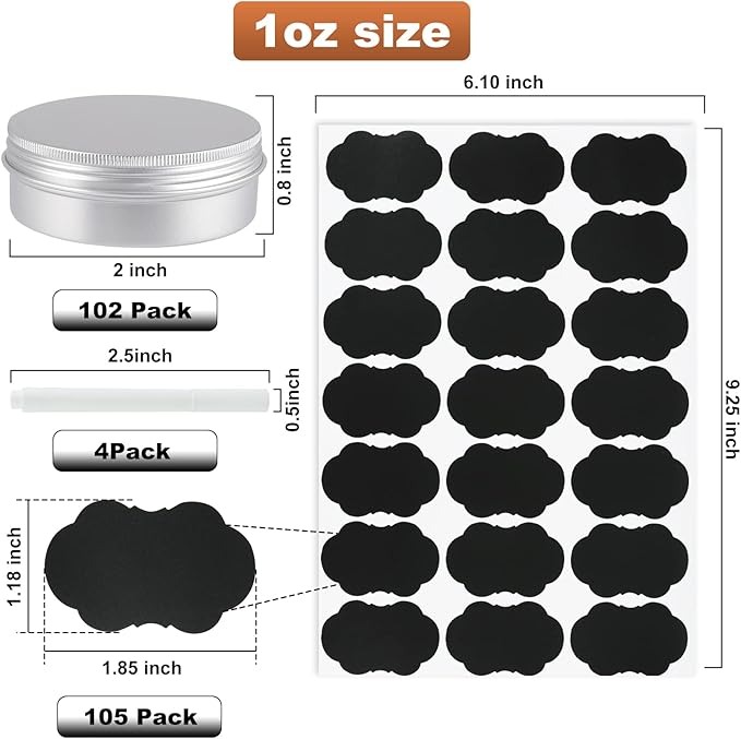 102 Pack Round Cans with Screw Lid 1 Oz Aluminum Metal Tins DIY Food Candle Containers for Lotion Bars, Balms, Salve, Spices, Beard Balm, Crafts with 4 Markers 5 Sheets Label Stickers (Silver)