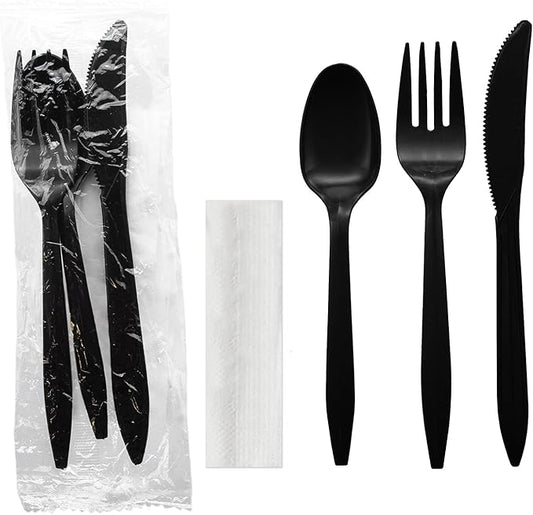 Party Essentials Individually Wrapped Plastic Cutlery Packets/Silverware Kits, Black Fork/Spoon/Knife/Napkin, 50 Sets