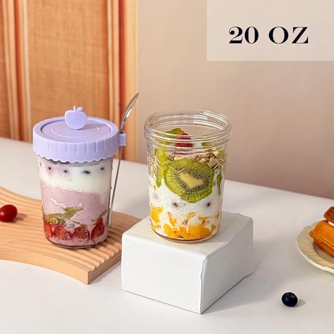 4 Pack Overnight Oats Containers With Lids and Spoons, 20 Oz Glass Oats Containers Jars, Leak Proof Mason Jars With Airtight Lids, Overnight Oat Jar For Milk, Cereal, Fruit