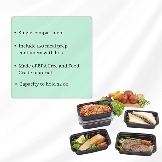 Meal Prep Containers with Lids - 32 OZ | 150 Pack | 1 Compartment Food Containers with Lids [Meal Prep, Bento Box, Stackable, Reusable, Dishwasher Safe, Microwave Safe, Freezer Safe]