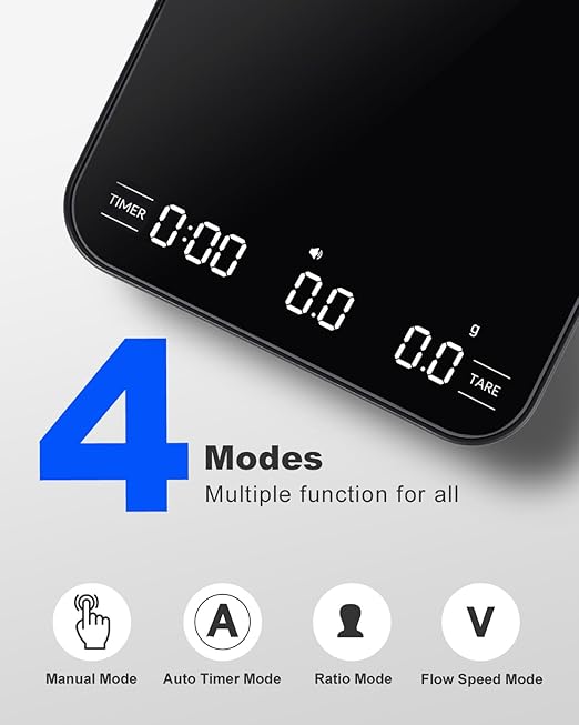 Rechargeable Mini Coffee Scale with Timer, Espresso Scale with Powder to Water Ratio and Water Flow Modes, 2kg/0.1g Digital Scale for Espresso and Pour-Over, Portable Scale with Silicone Pad