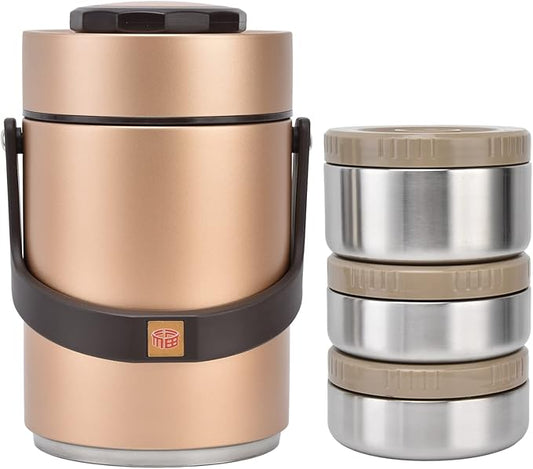 Yosoo Thermos for Hot food Wide Mouth Lunch Box, 2000ml 3-Layer Stackable Insulated Food Container Reusable Leak Proof Soup Food Jar for Warm/Cool Food Daily Office Travel Picnic Outdoor Meals(Gold)