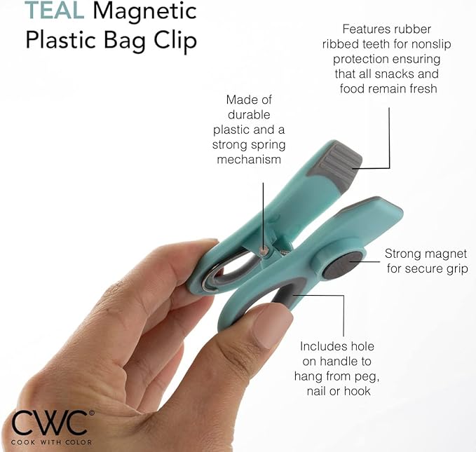 COOK WITH COLOR Bag Clips with Magnet- Food Clips, Chip Clips, Bag Clips for Food Storage with Airtight Seal Grip for Bread Bags, Snack Bags and Food Bags (Teal, Pack of 10)