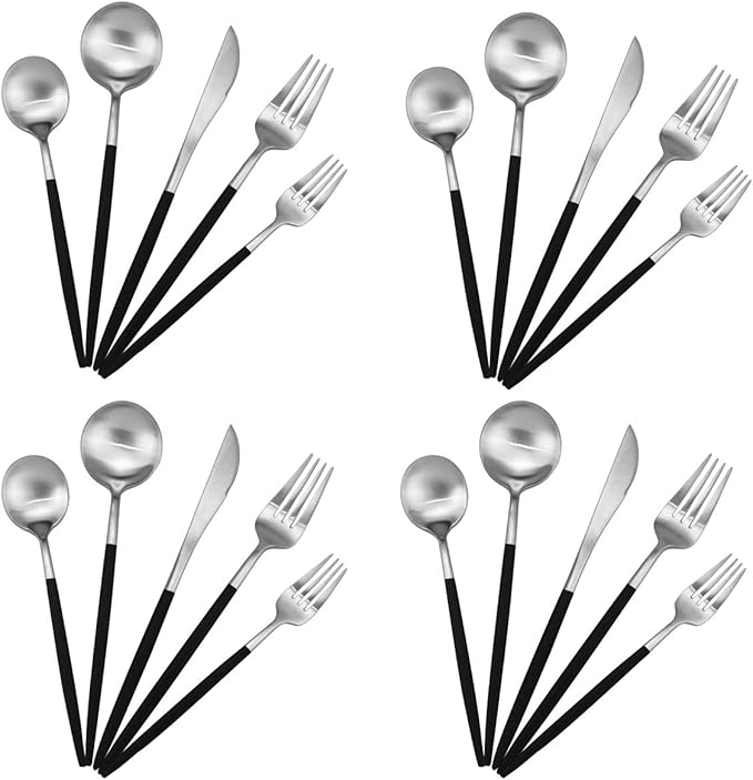20-Piece 18/10 Stainless Steel Flatware Silverware, Luxury Dinnerware Set Travel Cutlery Tableware Include Knife Fork Spoon Service for 4, Dishwasher Safe (Black Handle Matte Silver)