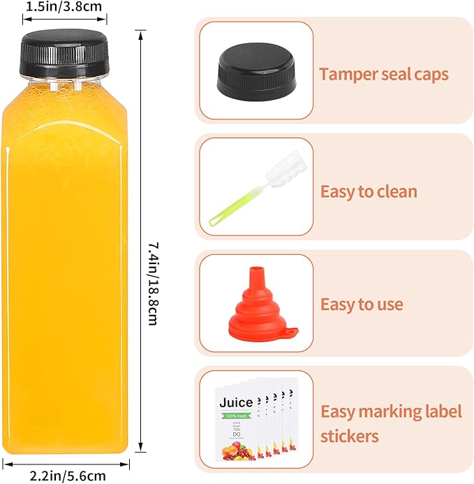 16oz Empty Juice Bottles with Caps, Pack of 24 Reusable PET Plastic Clear Water Bottle Recyclable Drink Bulk Containers with Leak-Proof Lids for Juice Water Milk and Beverages